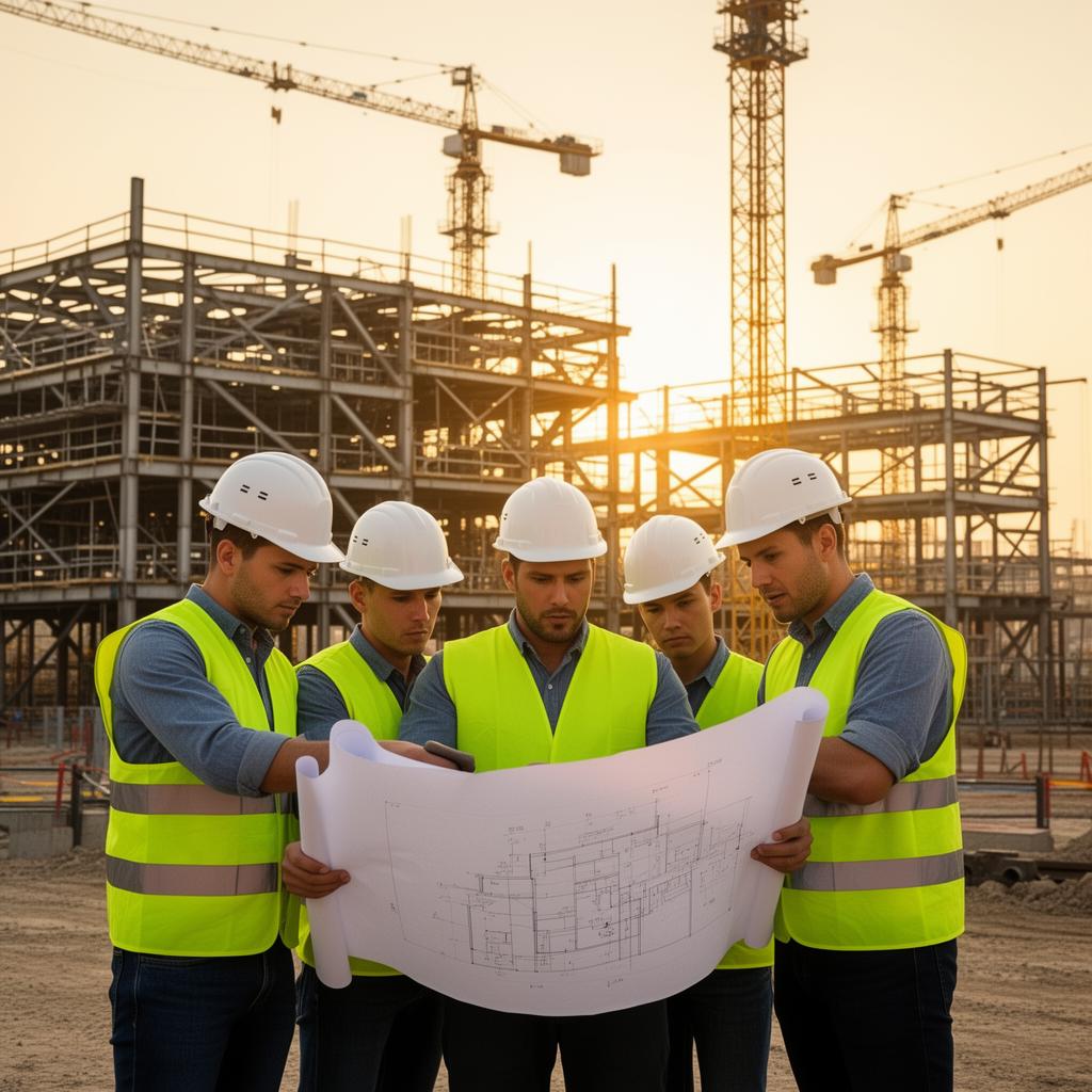Project team reviewing plans at an active construction site